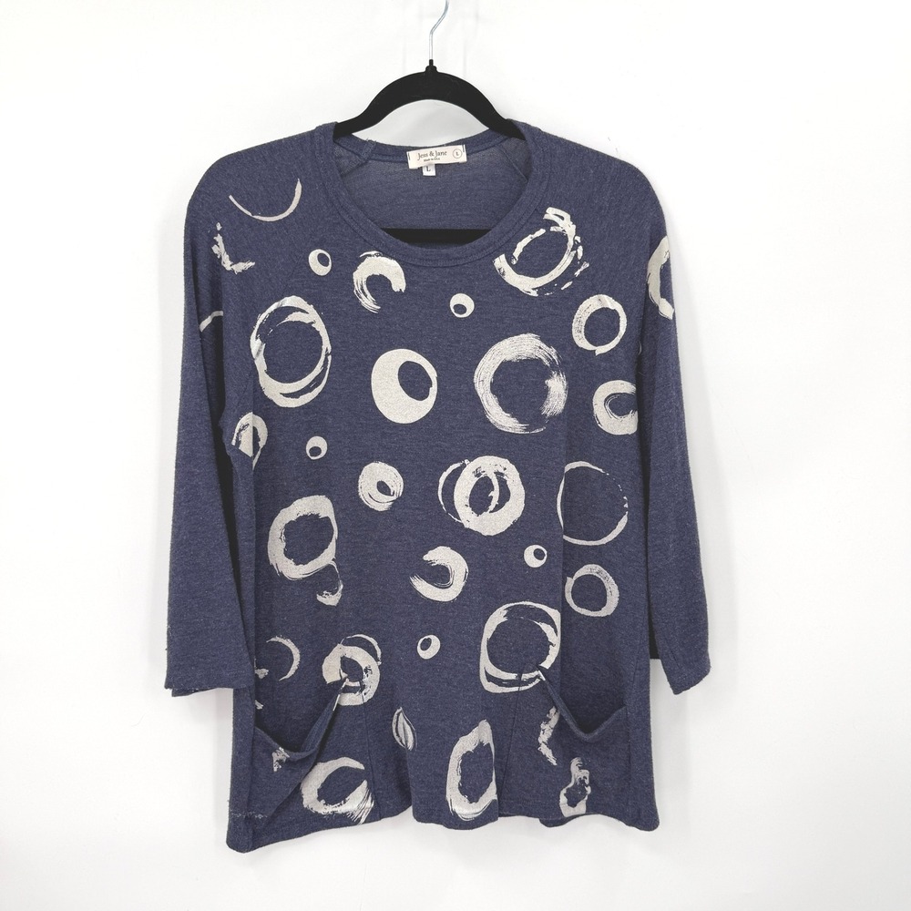 Jess Jane Circle Print Top Womens L 3/4 Sleeve Boho Artsy Eclectic Soft Stretchy